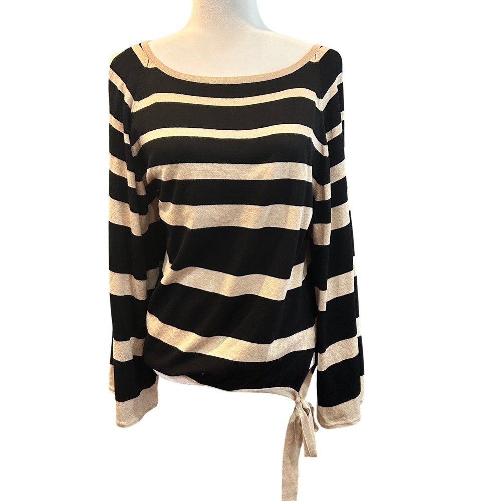 Boston Proper Striped Tie-Waist Top Size M Black & Beige Long Sleeve‎ Knit